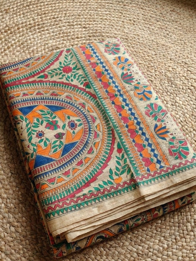 Indiehaat | Ghicha Tussar Madhubani Silk Saree Beige