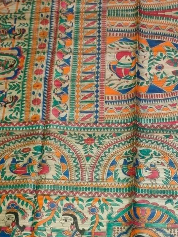 Indiehaat | Ghicha Tussar Madhubani Silk Saree Beige