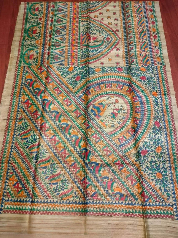 Indiehaat | Ghicha Tussar Madhubani Silk Saree Beige