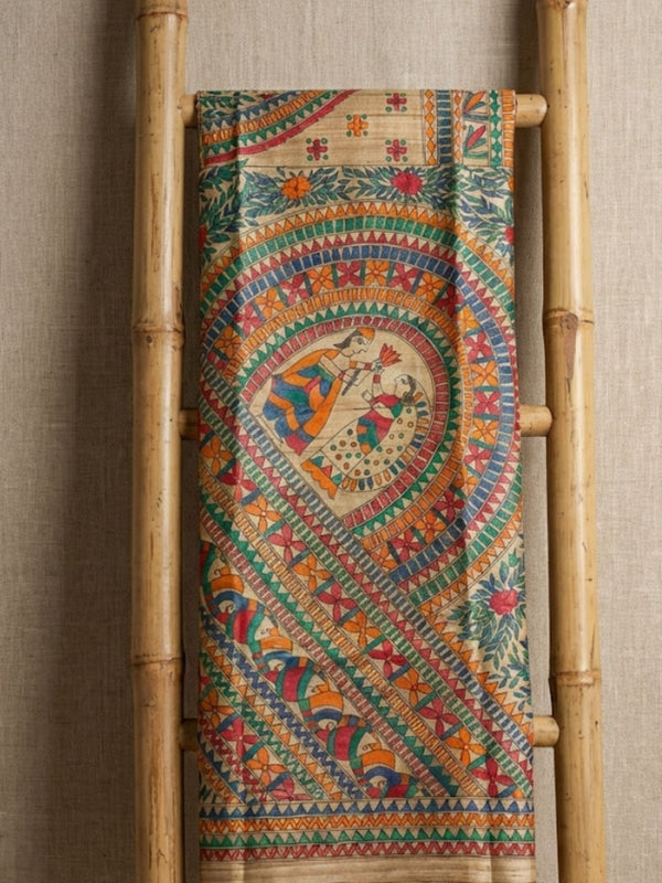 Indiehaat | Ghicha Tussar Madhubani Silk Saree Beige