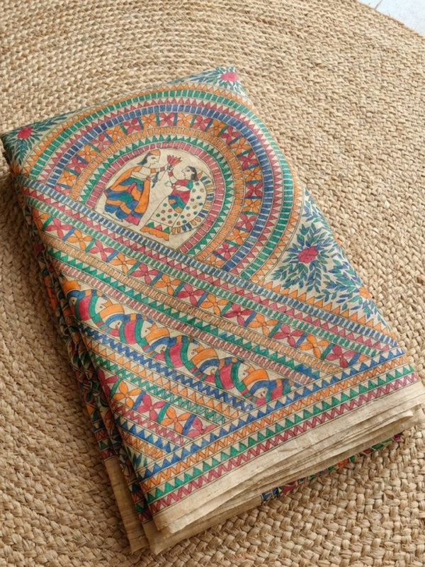 Indiehaat | Ghicha Tussar Madhubani Silk Saree Beige