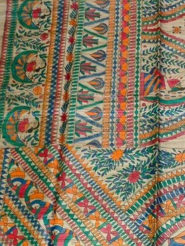 Indiehaat | Ghicha Tussar Madhubani Silk Saree Beige