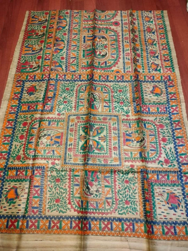 Indiehaat | Ghicha Tussar Madhubani Silk Saree Beige