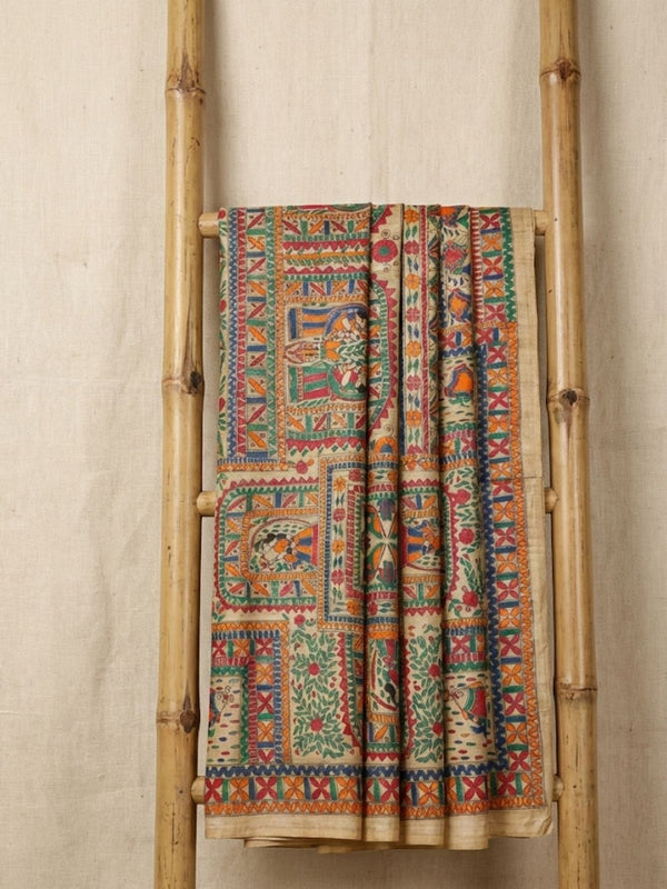 Indiehaat | Ghicha Tussar Madhubani Silk Saree Beige