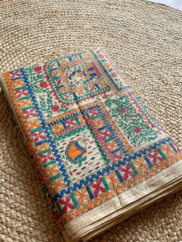 Indiehaat | Ghicha Tussar Madhubani Silk Saree Beige