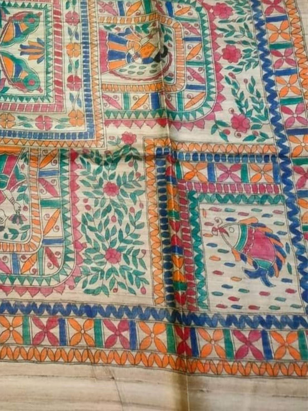 Indiehaat | Ghicha Tussar Madhubani Silk Saree Beige