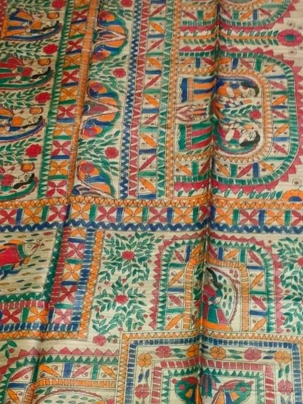 Indiehaat | Ghicha Tussar Madhubani Silk Saree Beige