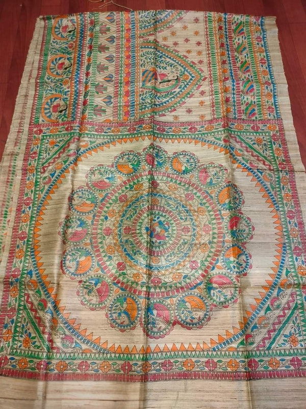 Indiehaat | Ghicha Tussar Madhubani Silk Saree Beige