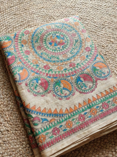 Indiehaat | Ghicha Tussar Madhubani Silk Saree Beige
