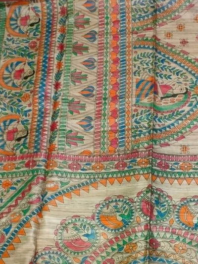 Indiehaat | Ghicha Tussar Madhubani Silk Saree Beige