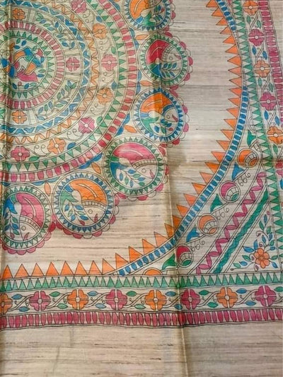 Indiehaat | Ghicha Tussar Madhubani Silk Saree Beige