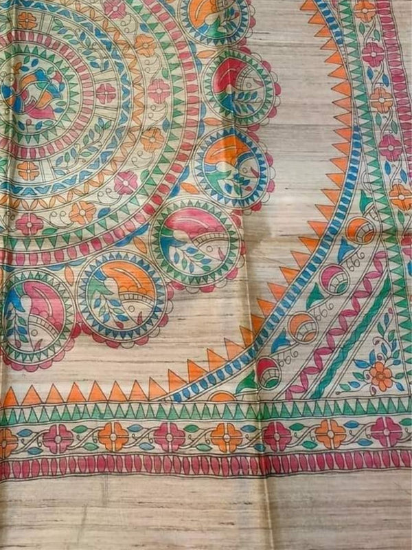 Indiehaat | Ghicha Tussar Madhubani Silk Saree Beige