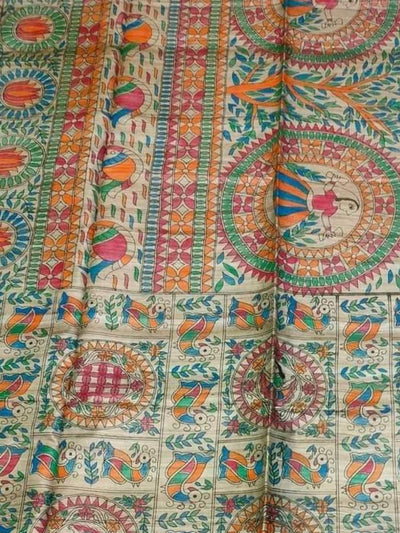 Indiehaat | Ghicha Tussar Madhubani Silk Saree Beige