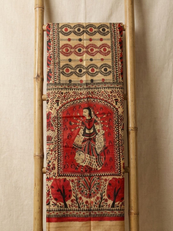 Indiehaat | Ghicha Tussar Madhubani Silk Saree Beige