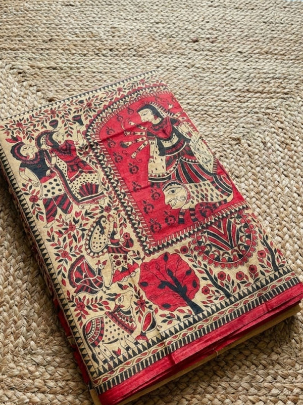 Indiehaat | Ghicha Tussar Madhubani Silk Saree Beige