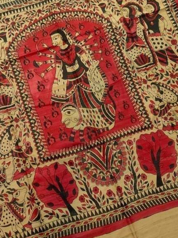 Indiehaat | Ghicha Tussar Madhubani Silk Saree Beige