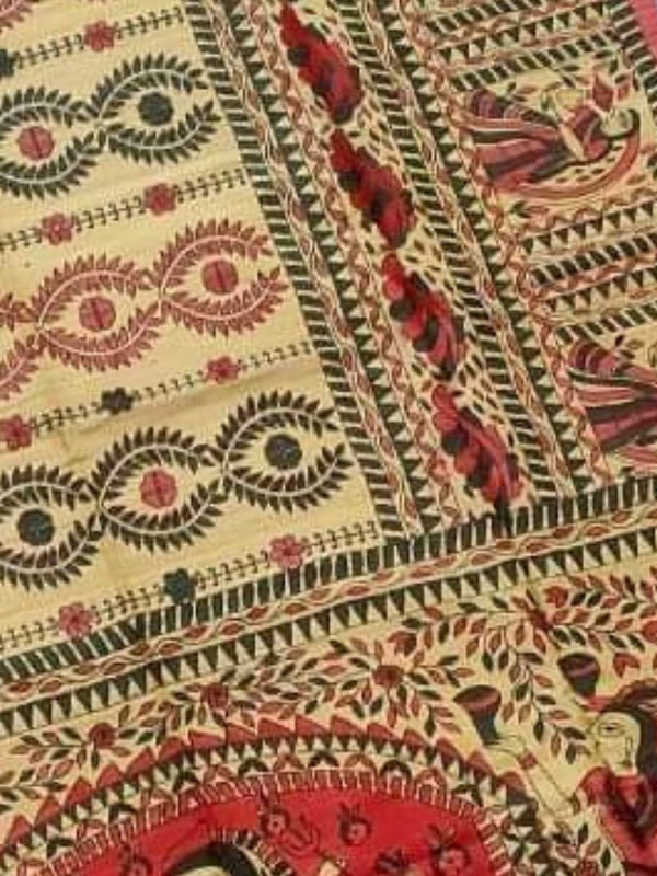 Indiehaat | Ghicha Tussar Madhubani Silk Saree Beige