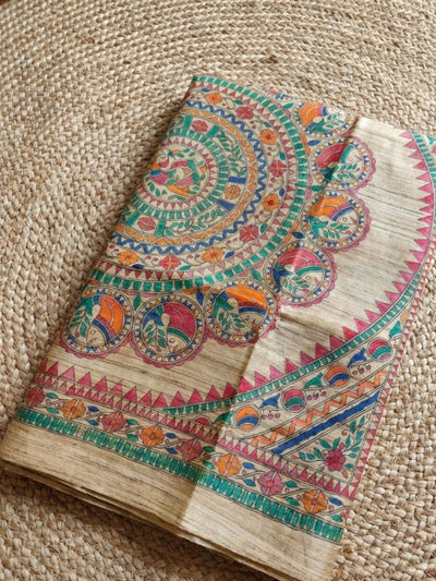 Indiehaat | Ghicha Tussar Madhubani Silk Saree Beige