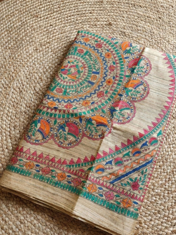 Indiehaat | Ghicha Tussar Madhubani Silk Saree Beige