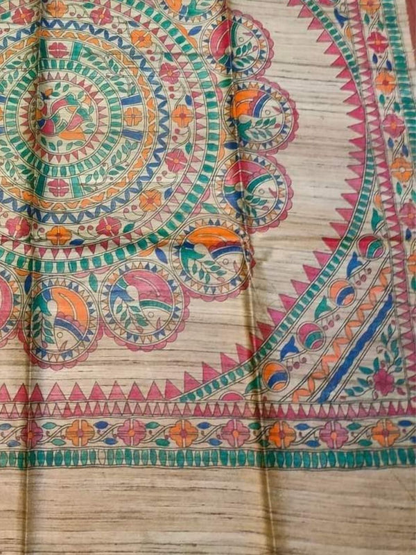 Indiehaat | Ghicha Tussar Madhubani Silk Saree Beige