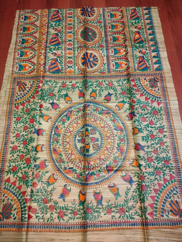 Indiehaat | Ghicha Tussar Madhubani Silk Saree Beige
