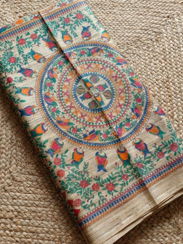 Indiehaat | Ghicha Tussar Madhubani Silk Saree Beige