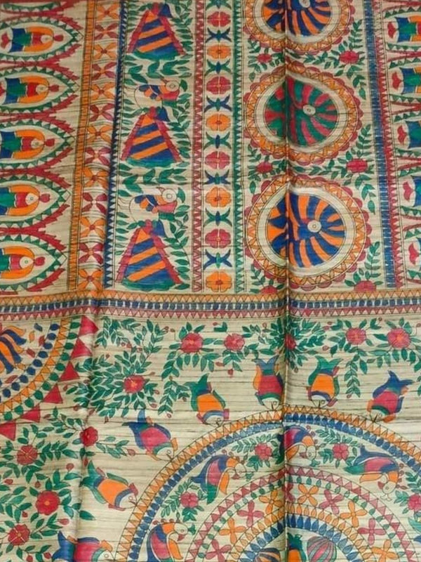 Indiehaat | Ghicha Tussar Madhubani Silk Saree Beige