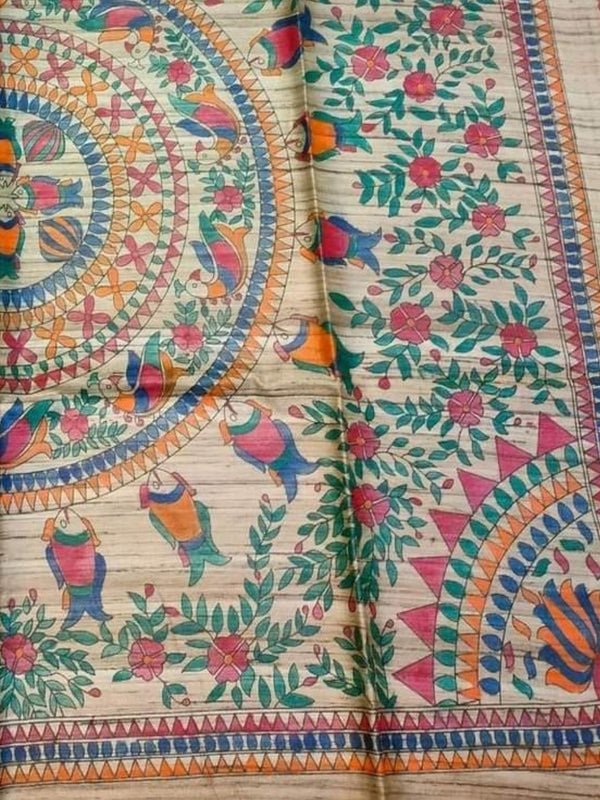 Indiehaat | Ghicha Tussar Madhubani Silk Saree Beige