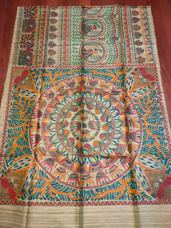 Indiehaat | Ghicha Tussar Madhubani Silk Saree Beige