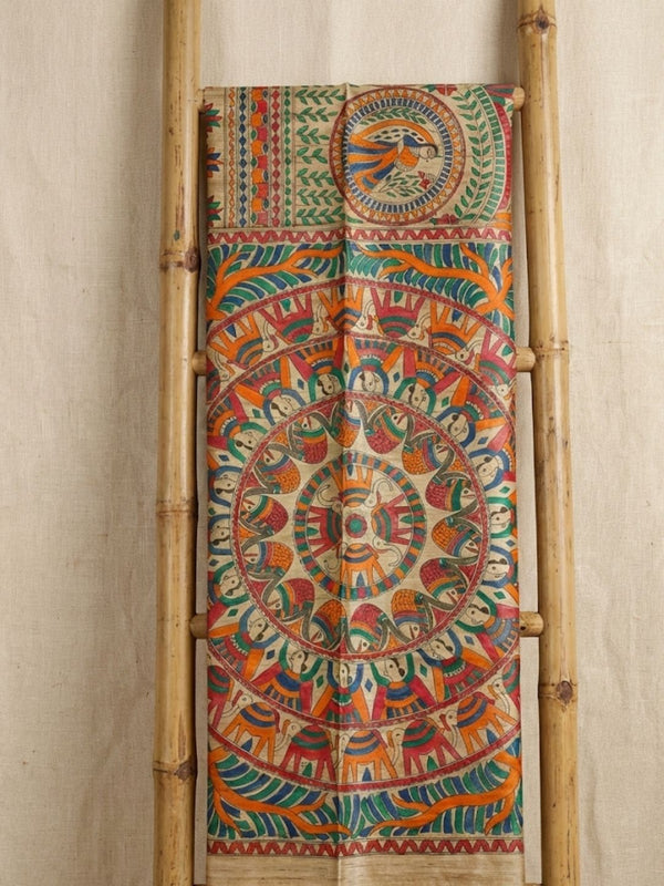Indiehaat | Ghicha Tussar Madhubani Silk Saree Beige