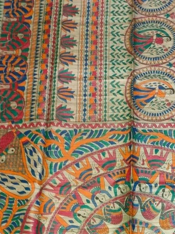 Indiehaat | Ghicha Tussar Madhubani Silk Saree Beige