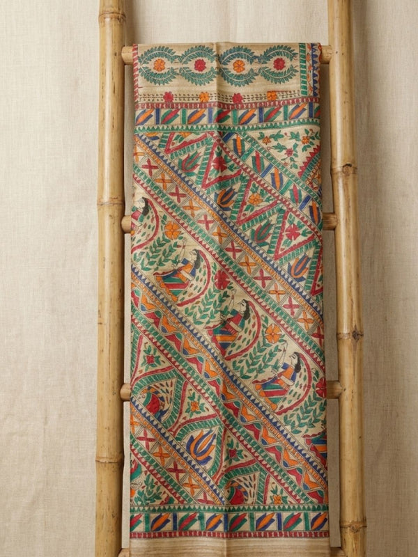 Indiehaat | Ghicha Tussar Madhubani Silk Saree Beige