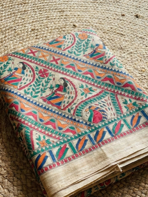 Indiehaat | Ghicha Tussar Madhubani Silk Saree Beige