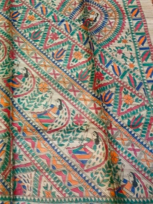 Indiehaat | Ghicha Tussar Madhubani Silk Saree Beige