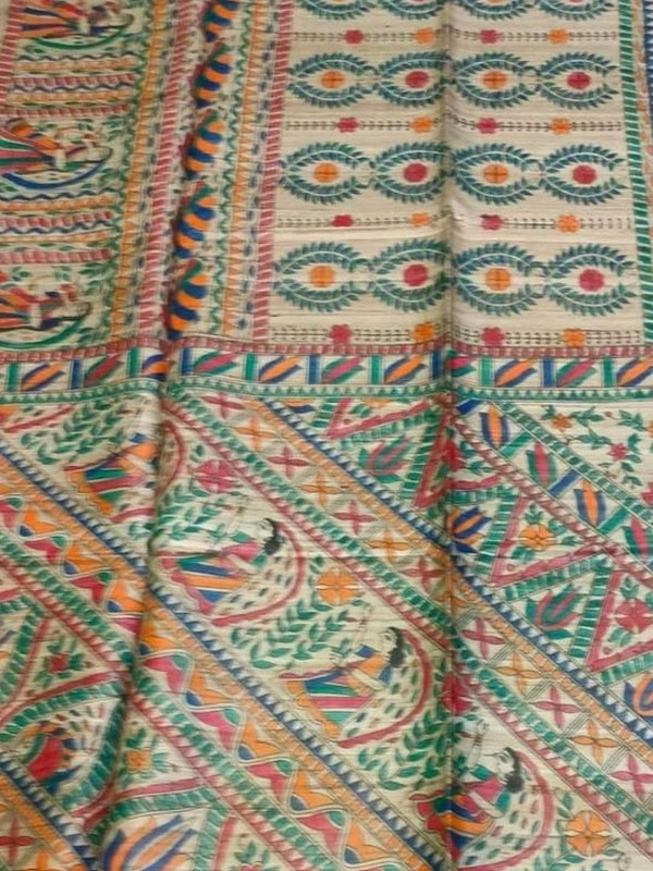 Indiehaat | Ghicha Tussar Madhubani Silk Saree Beige
