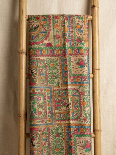 Indiehaat | Ghicha Tussar Madhubani Silk Saree Beige