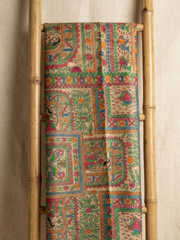 Indiehaat | Ghicha Tussar Madhubani Silk Saree Beige