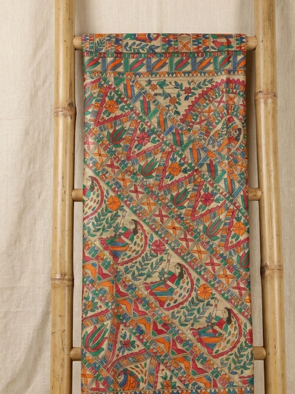 Indiehaat | Ghicha Tussar Madhubani Silk Saree Beige