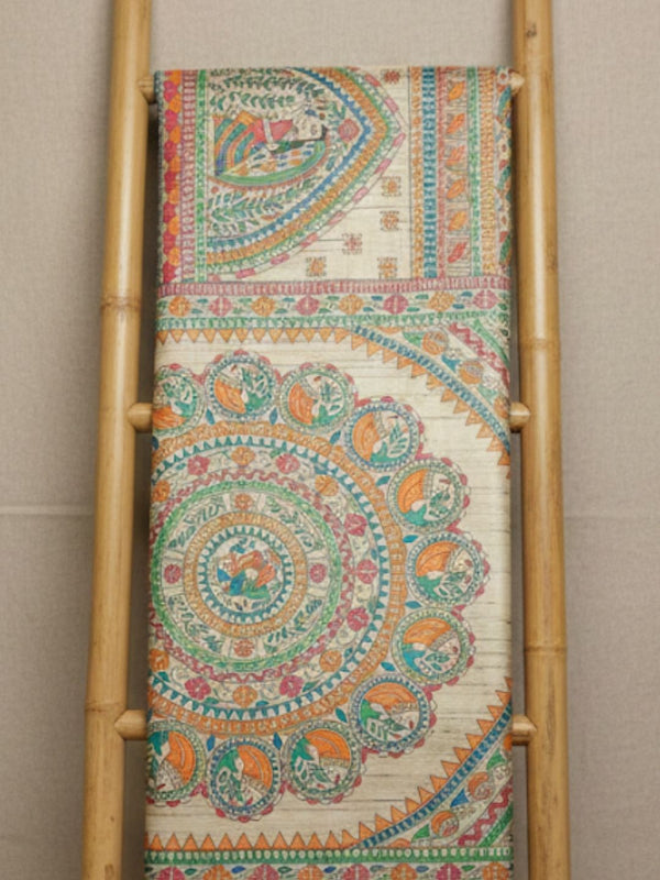 Indiehaat | Ghicha Tussar Madhubani Silk Saree Beige