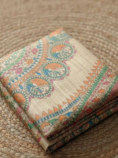 Indiehaat | Ghicha Tussar Madhubani Silk Saree Beige