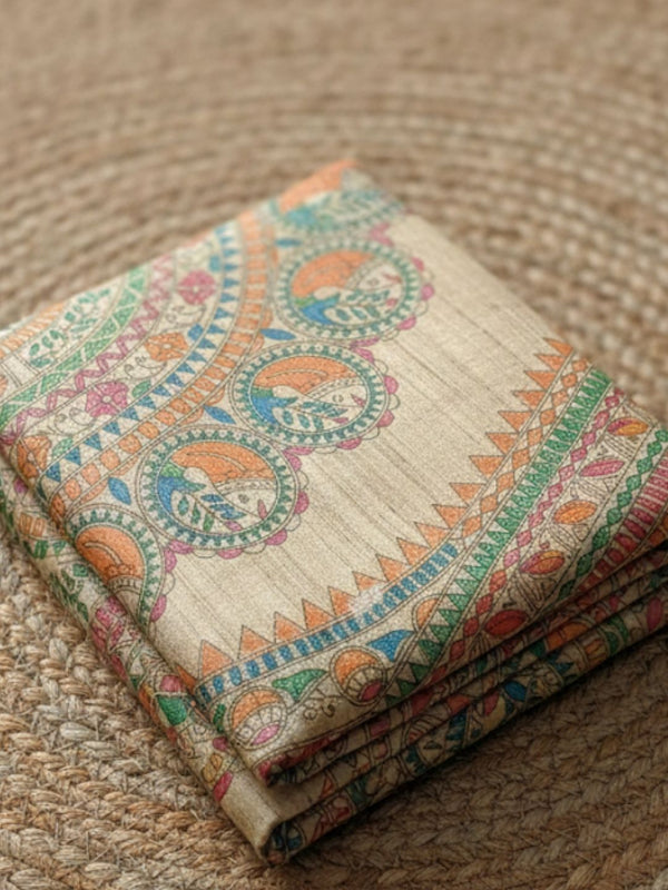Indiehaat | Ghicha Tussar Madhubani Silk Saree Beige