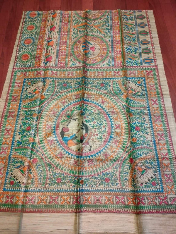 Indiehaat | Ghicha Tussar Madhubani Silk Saree Beige