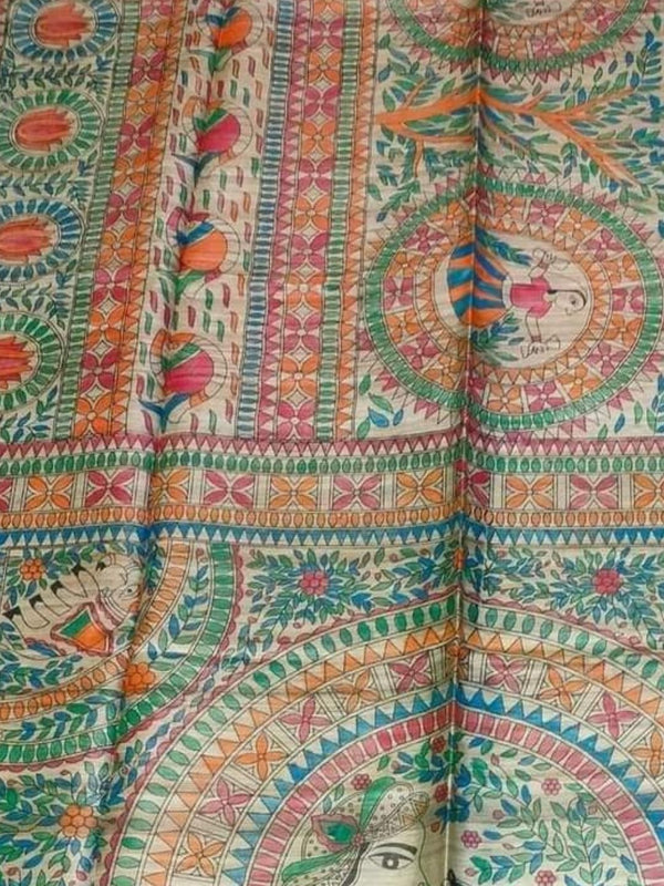 Indiehaat | Ghicha Tussar Madhubani Silk Saree Beige