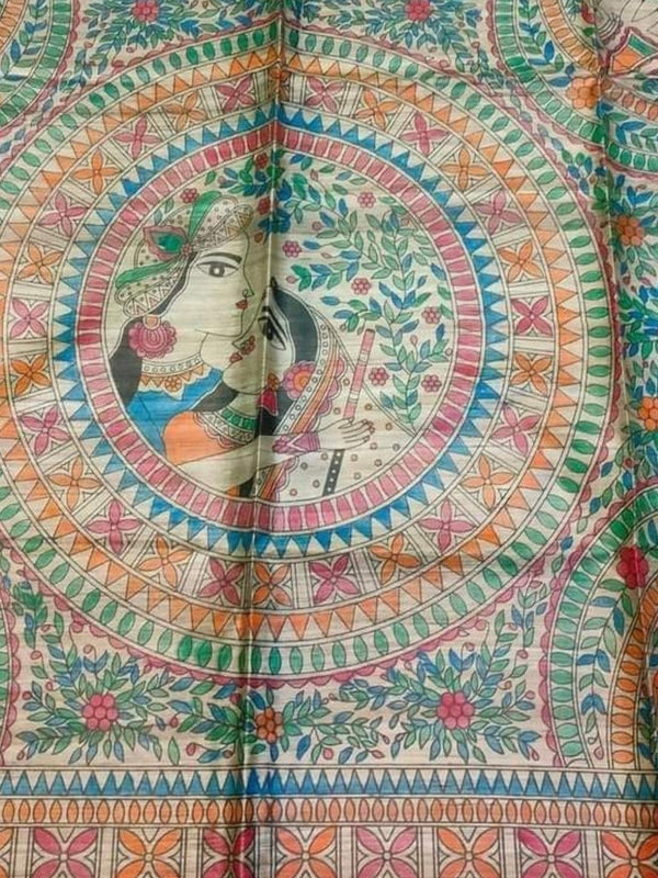 Indiehaat | Ghicha Tussar Madhubani Silk Saree Beige