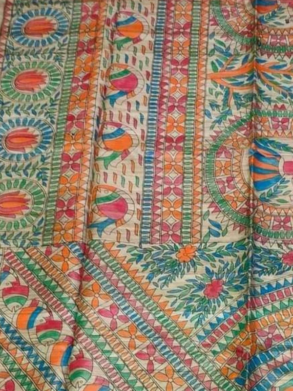 Indiehaat | Ghicha Tussar Madhubani Silk Saree Beige