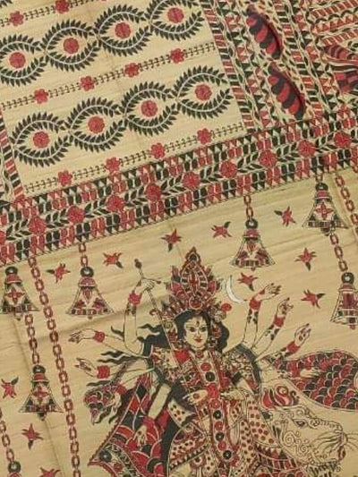 Indiehaat | Ghicha Tussar Madhubani Silk Saree Beige