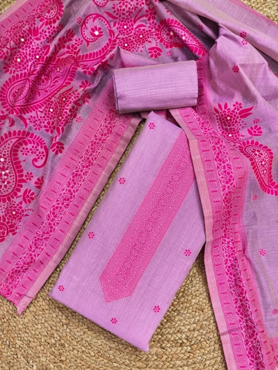 Rooprekha Cotton Jamdani Suit (T+B+D) Pale Purple