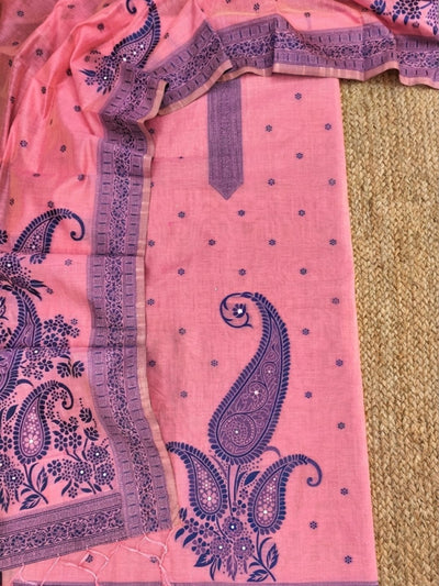 Rooprekha Cotton Jamdani Suit (T+B+D) Pink