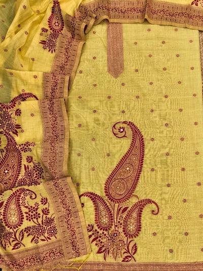 Rooprekha Cotton Jamdani Suit (T+B+D) Lime Yellow
