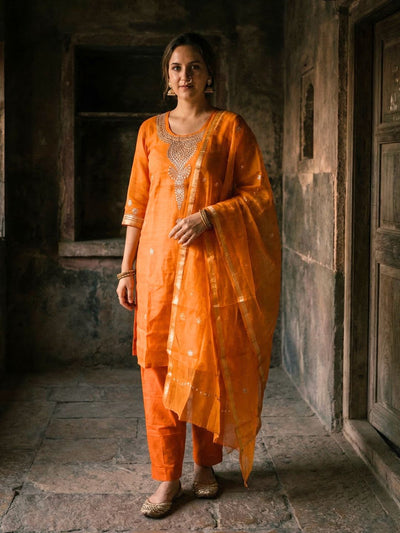 Rajsi Dhaaga Kota Doria Gota Patti Stitched Suit Orange